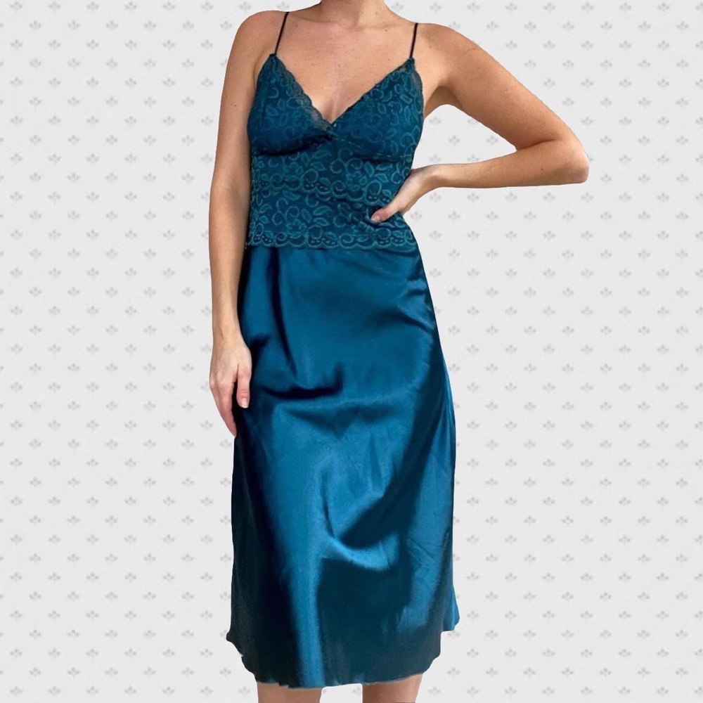 Vintage 1990's Dark Teal Lace and Satin Midi Slip Cocktail Dress